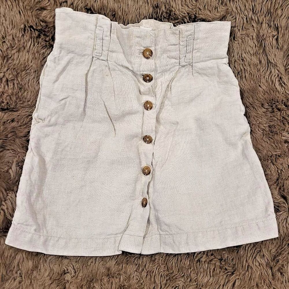 H&M Womens 100% Linen Sz 6 Beige Button Front Paper Bag Skirt Langenlook Pockets